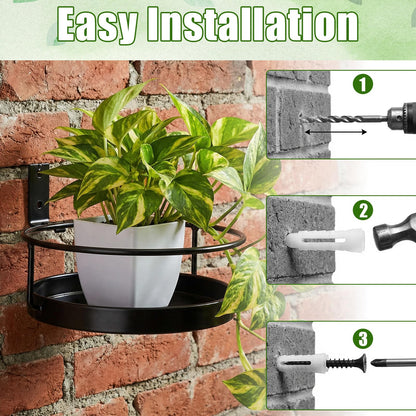 Afcabakila 2 Pcs Wall Mounted Plant Holder, Black Metal Flower Pot Hanger for IIndoor Outdoor Decorative Floating Shelves Planter Hanger Racks, Iron Wall Shelf with Ring for Balcony Living Room Decor