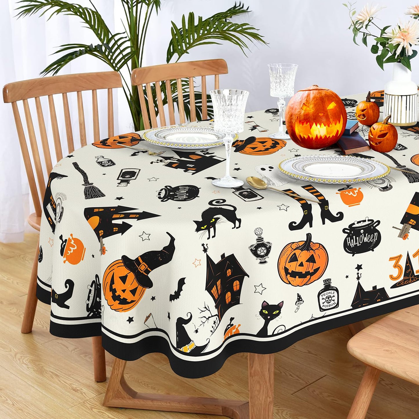 Yighty Oval Halloween Tablecloth 60x84In,Horror Pumpkin Castle Skull Tablecloth,Polyester Waterproof Wrinkle-Resistant and Durable Table Cloth,Suitable for Halloween,Parties,Holiday,Kitchens