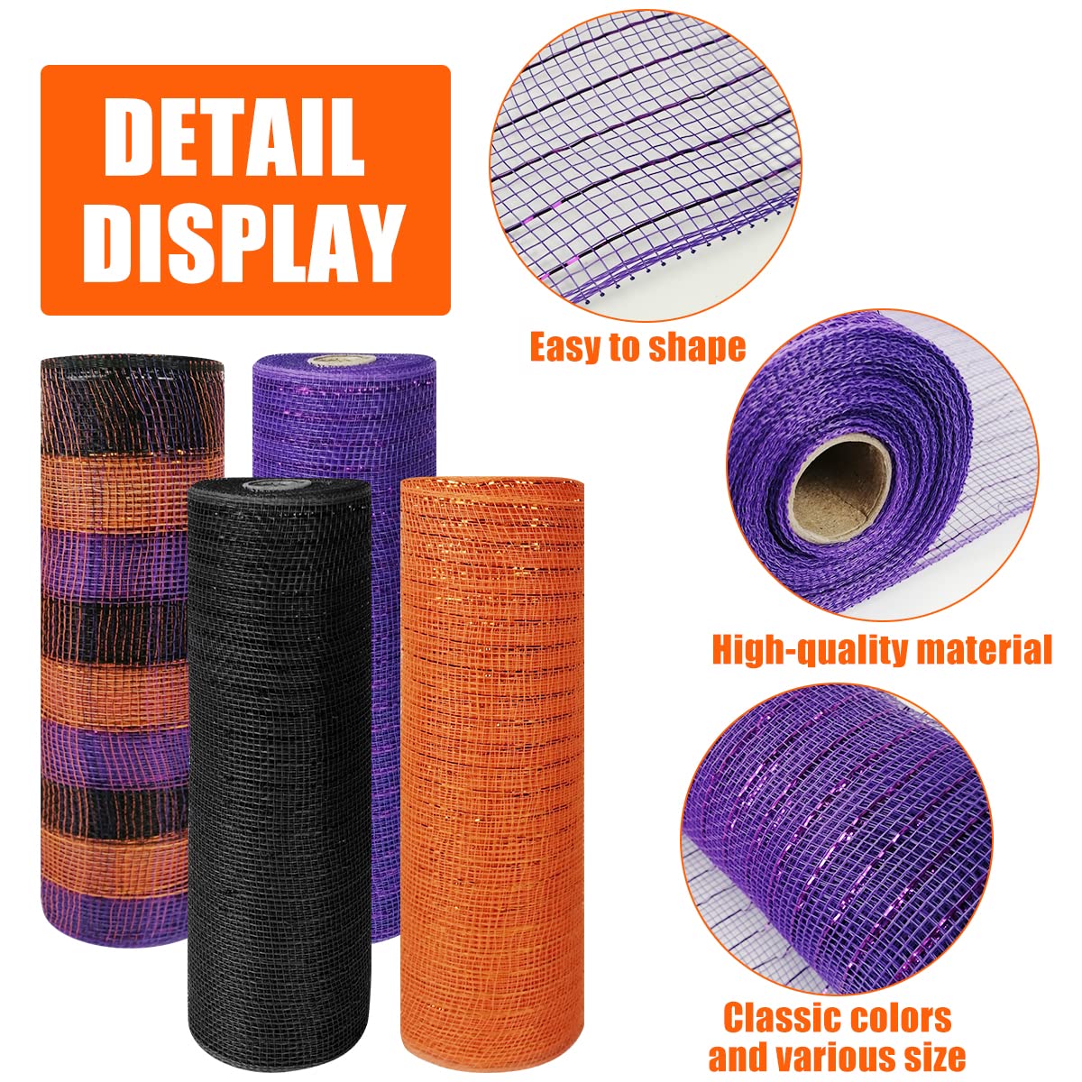 Cieovo 4 Roll Poly Mesh Ribbon, Black Purple Orange Wired Edge - 10 Inch x 30 ft for Halloween Craft Wreaths