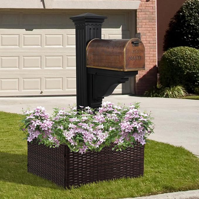 SUNNYPARK Mailbox Post Wrap Planter Box 24x24x12inch | Handmade All-Weather PE Rattan, Easy Assembly, Fits for 4x4 6x6 Posts, Flower Planter Box Decorative for Mailbox Post Outside