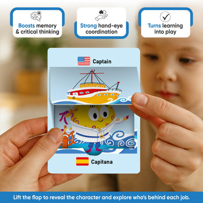 Kidrox Career & Professions Flash Cards, English Learning Cards with Spanish Translations, Interactive Open & Cover, 30 Pack