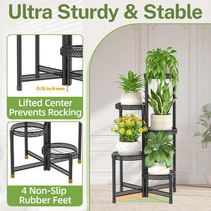 iDavosic.ly Plant Stand Indoor Outdoor, 5 Tier Corner Metal Flower Display Holder Shelf, Folding Tall Orchid Rack for Patio Balcony Porch Garden Living Room House, Wrought Iron - Modern Black