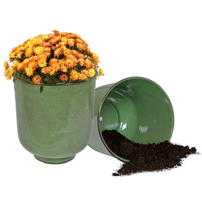 Sunnydaze Vivian 11" Metal Outdoor Plant Pot Set with Drainage Holes and Rubber Plugs - Jade Glaze - Set of 2