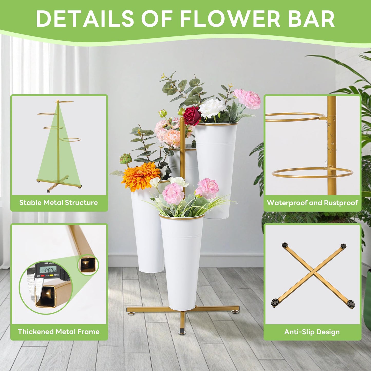 Ruifabo Flower Bar Stand with 4 Metal Buckets, 4 Tier Flower Display Stand, Rotatable Flower Cart Iron Plant Stand for Wedding or Florist Decor, Upgrade Metal Bucket Durable than Plastic Bucket