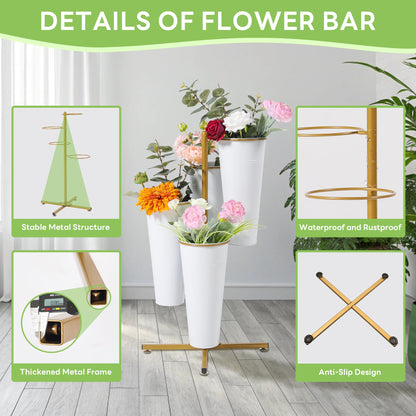 Ruifabo Flower Bar Stand with 4 Metal Buckets, 4 Tier Flower Display Stand, Rotatable Flower Cart Iron Plant Stand for Wedding or Florist Decor, Upgrade Metal Bucket Durable than Plastic Bucket