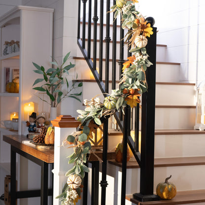 Valery Madelyn Fall Garland for Mantle, 6ft Lambs Ear Leaves Garland with Lights White Pumpkins Thanksgiving Table Centerpiece, Fall Autumn Decorations for Home Porch Fireplace Outdoor Halloween Decor
