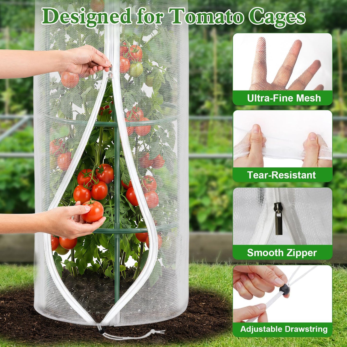 2 Pcs Garden Mesh Plant Cover for Round Tomato Cage, 57" x 15.7" Insect Bird Netting Protection Net Covers with Zipper & Drawstring, Garden Tomato Trellis Netting for Climbing Plants