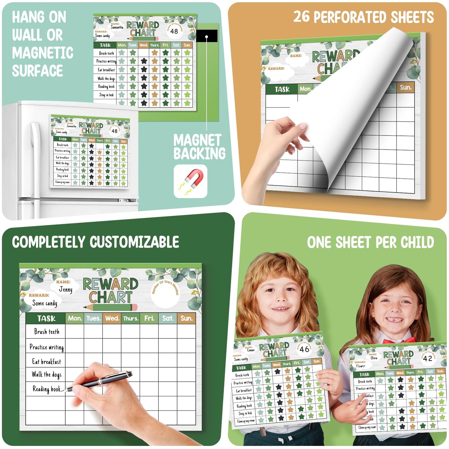 Reward Chart for Kids,Magnetic Behavior Chore Chart for Kids at Home,26 Eucalyptus Chore Charts,1960 Star Stickers,56 Reward Stickers,Incentive Chart to Develop Responsibility and Good Habits,Greenery