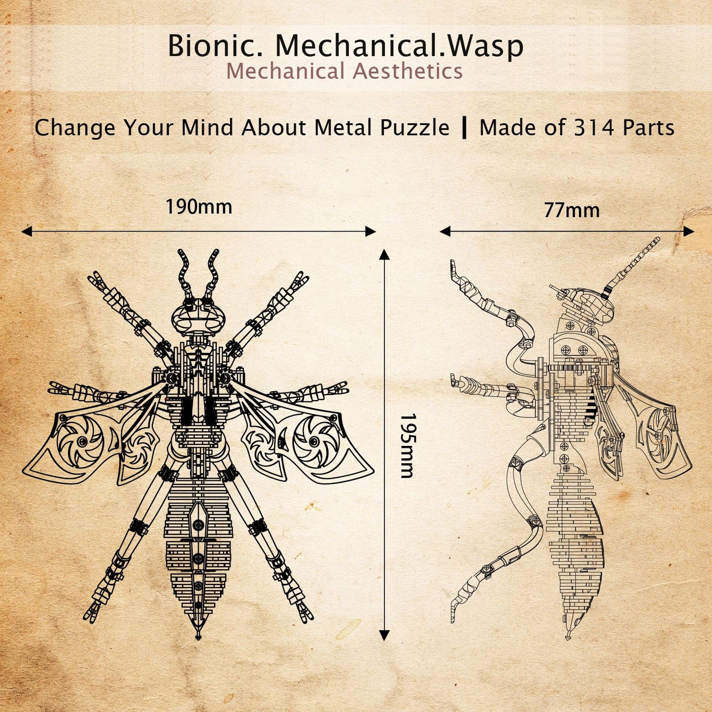 3D Metal Wasp Puzzles for Adults Model Kits Mechanical Puzzle Building Blocks, Difficult DIY for Assembly Gifts for Men (Steel)