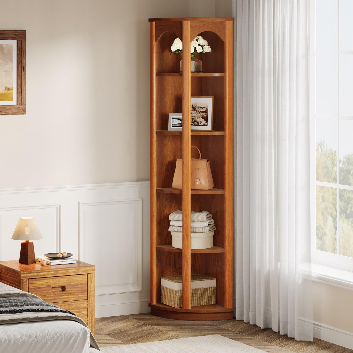 Tribesigns 5-Tier Corner Shelf, 67-Inch Tall Corner Bookshelf Bookcase with Unique Shape, Narrow Shelving Unit Storage Rack for Living Room, Home Office, Kitchen, Small Space