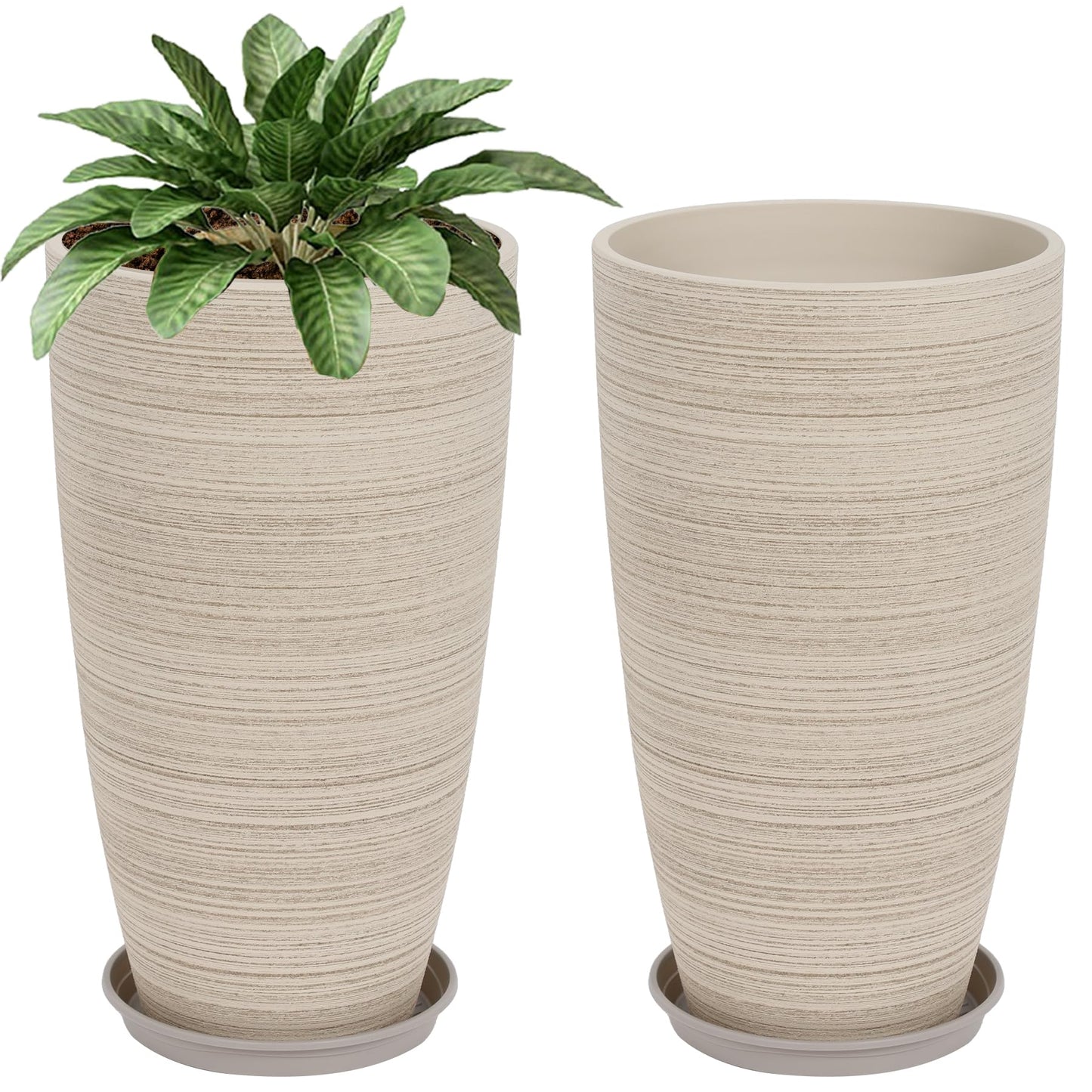 Neoaider Set of 2 Tall Planter, 21 inch Large Plastic Planter with Drain Hole & Saucers, Large Outdoor Planters for Porch, Garden, Patio, Balcony(Oat Color)