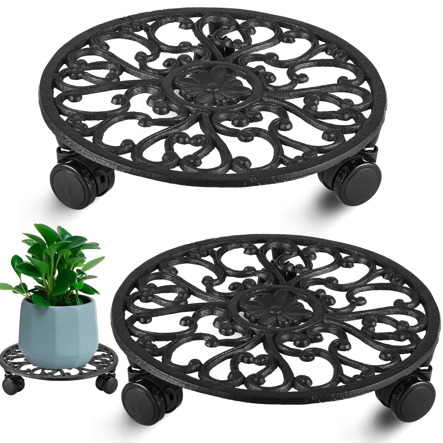 2 Packs 11 Inch Rolling Plant Stand with Wheels Wrought Iron Rolling Plant Stand with Casters Heavy Duty for Indoor Plants Rollers Potted Plant Mover, Metal Round Plant Dolly