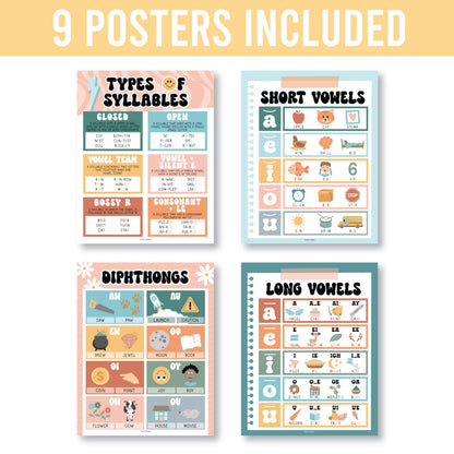Hadley Designs Phonics Posters for Classroom Must Haves - 9 Sound Wall for Kindergarten & Elementary Teacher Supplies, Syllable, Vowels, Digraphs & Blends Bulletin Board Set, Retro Classrom Decor