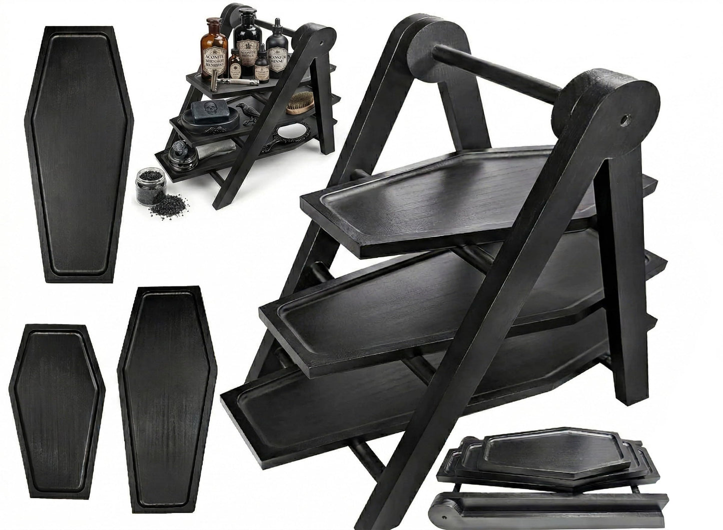 20'' Tall 3 Tiered Coffin Shelf Tray Decor for Gothic Wedding Party Food, for Goth Home Acessories Vanity Jewelry, Kitchen Fruits Dish, Bathroom Toiletries Display