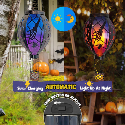 Halloween Outdoor Decorations Hot Air Balloon Solar Lantern with Flickering Flame, Hanging Outdoor Lanterns with Skull Pattern Hollowed-Out Design Halloween Party Decor for Garden, Patio (Halloween)