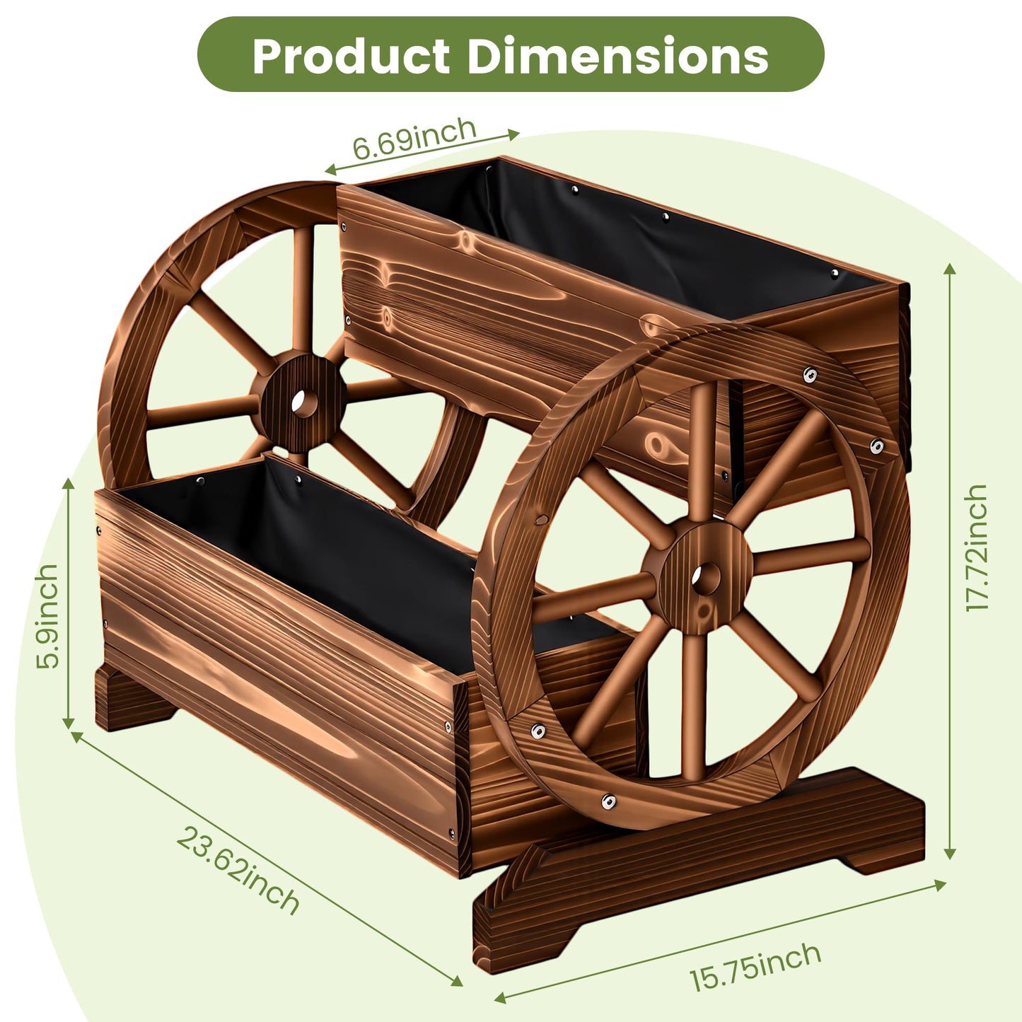 Ultym Wooden Wagon Planter Box, Extra Large 2-Tier Decorative Flower Cart with Wheels, Rustic Wood Planter with Drainage Holes & Non-Woven Liner, Raised Garden Bed for Flowers Herbs Vegetables