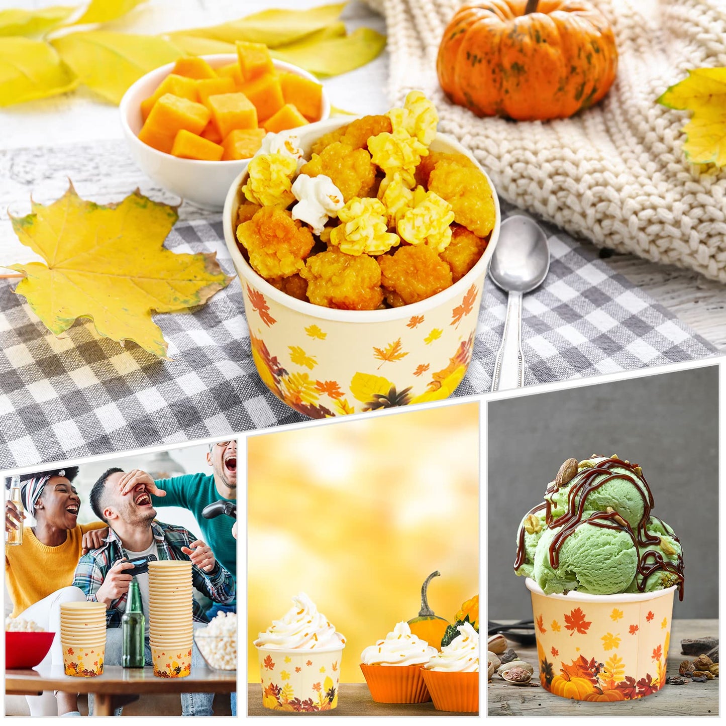 gisgfim 50Pcs Thanksgiving Snack Bowls, Fall Disposable 9 oz Paper Treat Cups Autumn Themed Dessert Bowls Soup Cups for Hot or Cold Food Party Supplies
