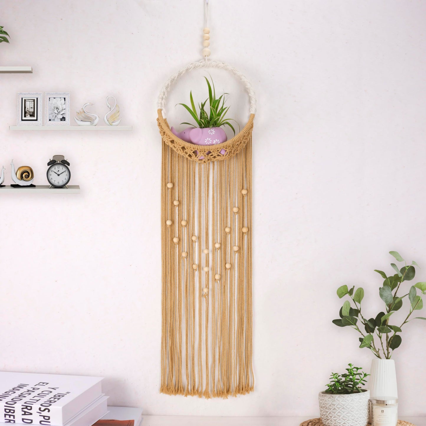 LB Brown Macrame Wall Hanging Holder, Bohemian Macrame Wall Art for Bedroom,Boho Handmade Woven Hanging Plant Shelf Toy Displays Organizer for Living Room Nursery Office 9.84" W x 35.43" L