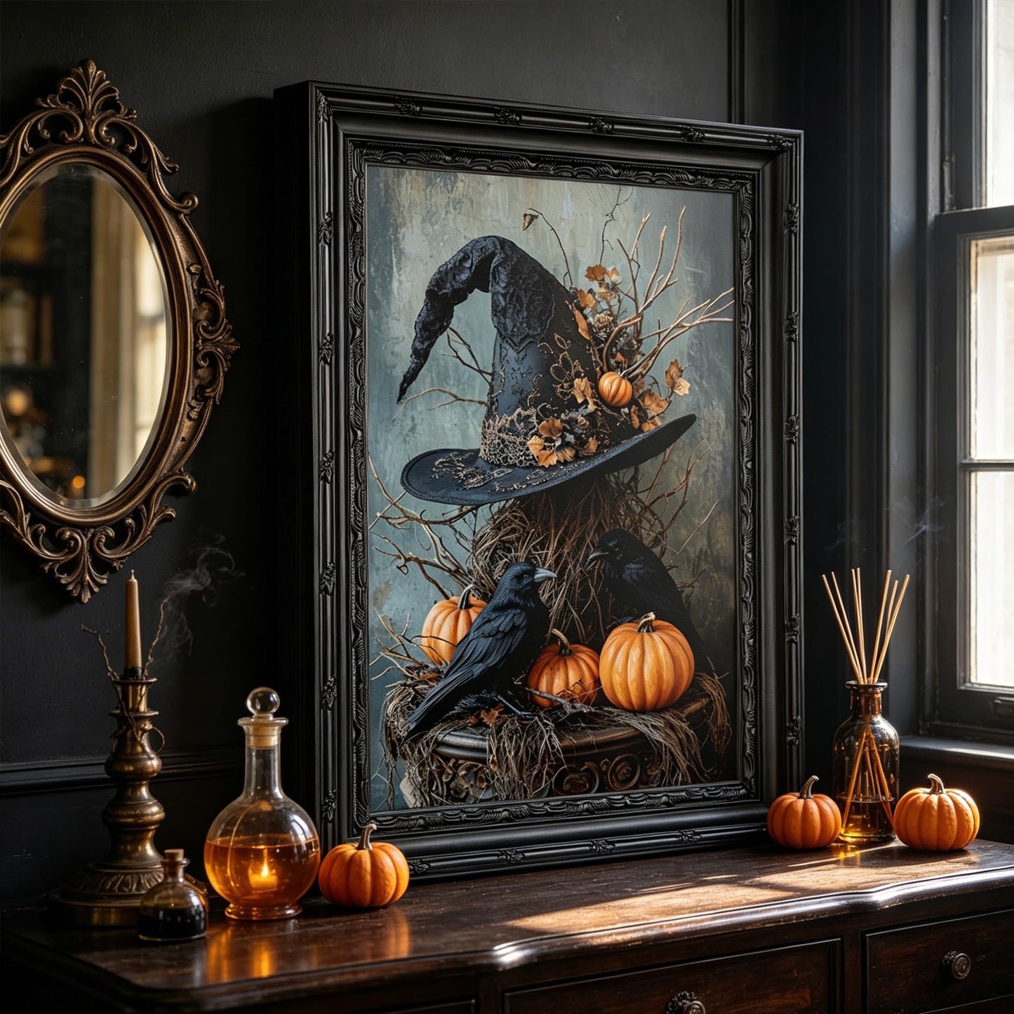 Framed Witch Hat Canvas Wall Art,Halloween Pumpkin Crow Painting Picture Wall Decor,Dark Academy Poster Print Artwork,for Living Room Bedroom Tarot Reading Room Haunted House Home Decoration 9x11in