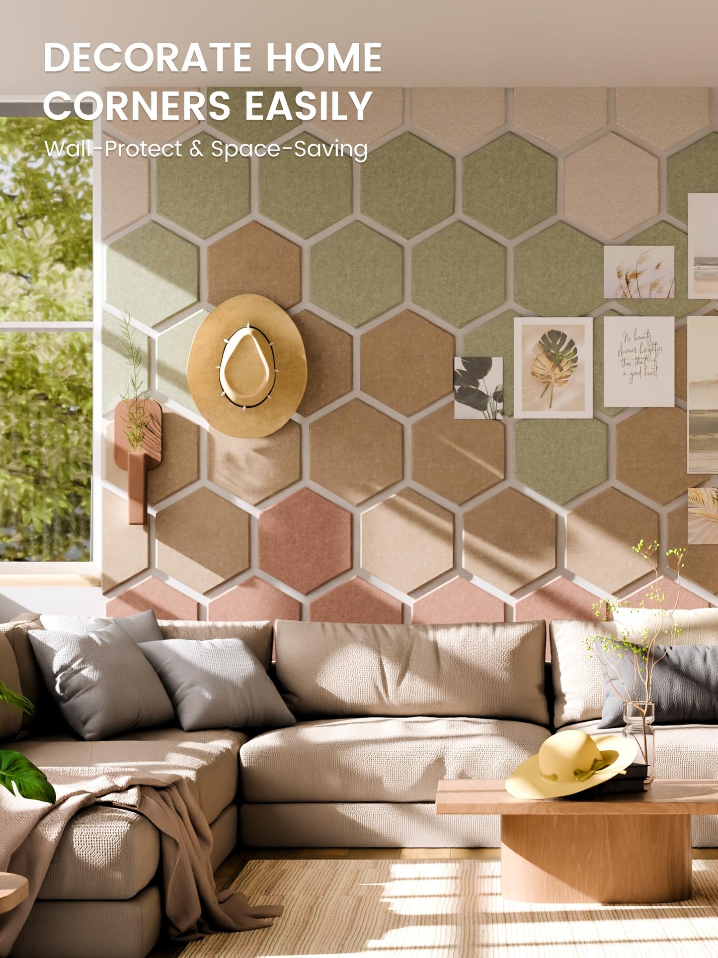 Fluxynara Hexagon Cork Board Alternative for Walls Decor-12-Pack Felt Bulletin Board Tiles,with 30 Pushpins,70 Adhesive Tabs for Office,Classrooms & Home Pin Board Felt Board-Boho
