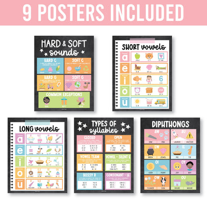 Hadley Designs Phonics Posters for Classroom Must Haves - 9 Sound Wall for Kindergarten & Elementary Teacher Supplies, Syllable, Vowels, Digraphs & Blends Bulletin Board Set, Chalkboard Classrom Decor