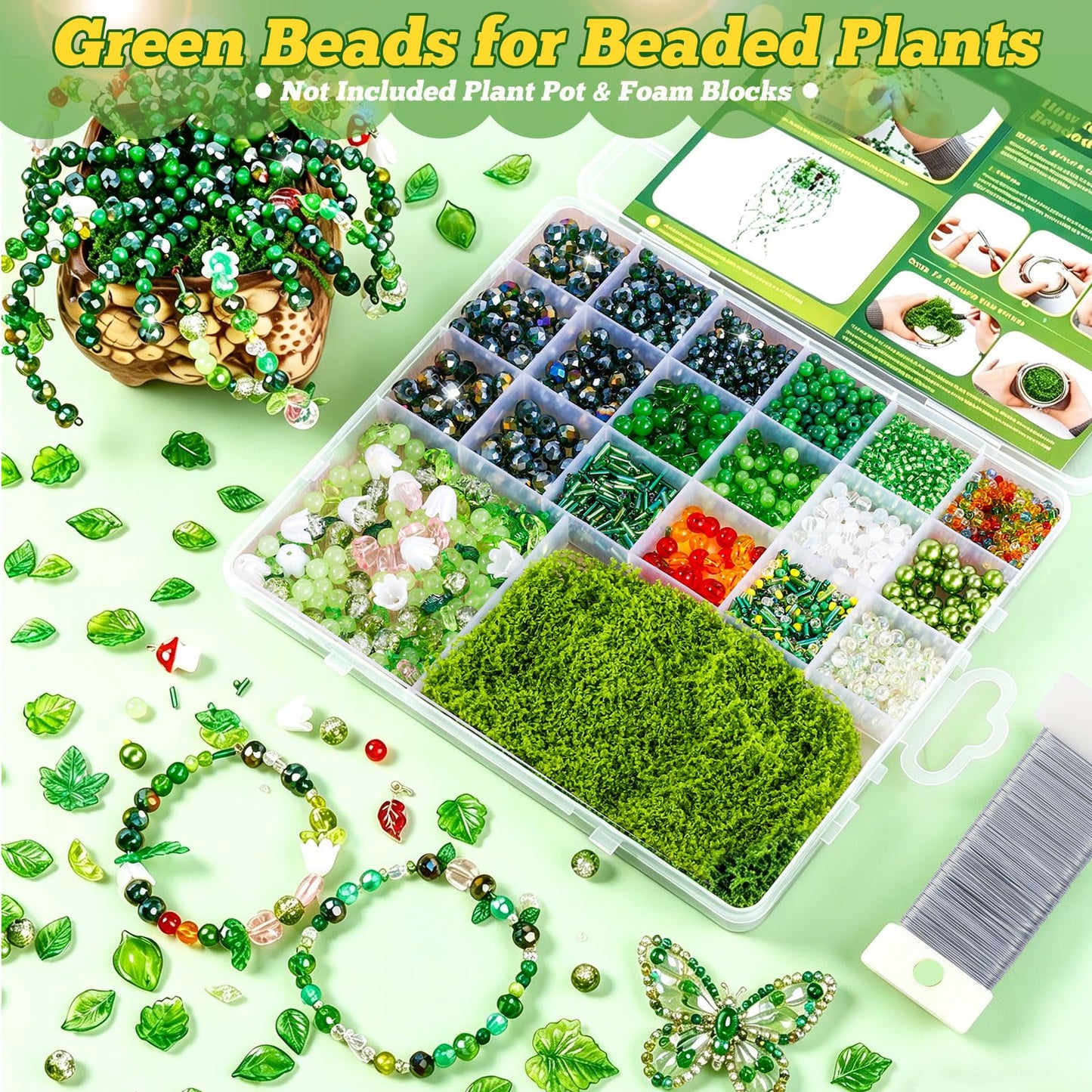 FOGWOWO 2628 Pcs Beaded Plant Kit Green Beads for Beaded Plants,Forever Plant Kit Green Glass Beads Plant Beads for Plants Making,Glass Leaf Bead for Jewelry Making DIY Crafts