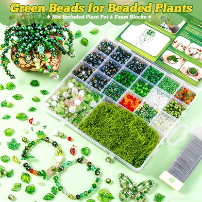 FOGWOWO 2628 Pcs Beaded Plant Kit Green Beads for Beaded Plants,Forever Plant Kit Green Glass Beads Plant Beads for Plants Making,Glass Leaf Bead for Jewelry Making DIY Crafts