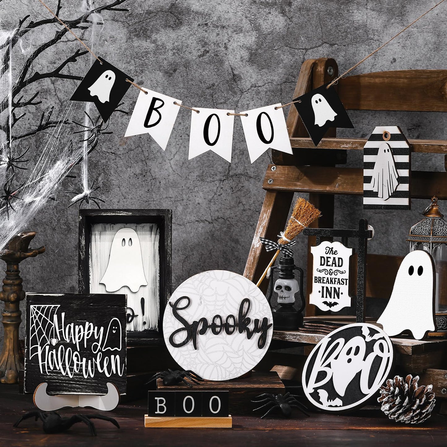Wonderjune 19 Pcs Halloween Ghost Tiered Tray Decor Cute Boo Spooky Tray Decorations Black White Ghost Wooden Signs Mini Witch Broom Farmhouse Rustic Halloween Decorations for Home Table Office Desk