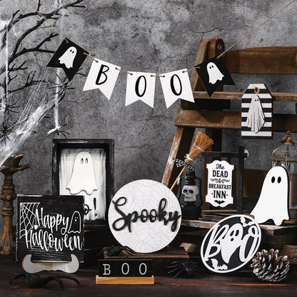 Wonderjune 19 Pcs Halloween Ghost Tiered Tray Decor Cute Boo Spooky Tray Decorations Black White Ghost Wooden Signs Mini Witch Broom Farmhouse Rustic Halloween Decorations for Home Table Office Desk