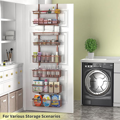 Moforoco Over The Door Pantry Organizer, Pantry Door Organizer Shelves, Kitchen Organizers and Storage, Hanging Basket Wall Spice Rack Seasoning Shelves, Laundry Room Bathroom accessories（Brown ）