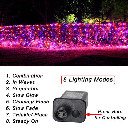 Halloween Net Lights, 510 LED Large Outdoor Net Mesh Lights for Bushes 28x5ft, 8 Modes Waterproof Twinkle String Light Connectable for Hedge Yard Decor, Orange and Purple