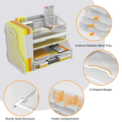 YINGHUA 5 Tier Paper Tray Letter Organizer with Top 6 Adjustable Compartments and File Holder - Paper Sorter Office Desktop Accessories with Handles for Document,Mail,School Supplies Storage,White