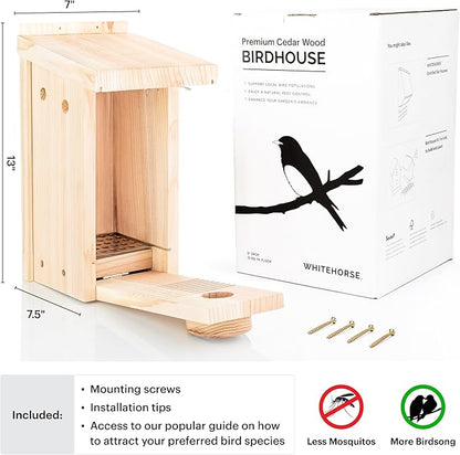 WHITEHORSE Bluebird House - Weatherproof Bird House for Outdoors - Cedar Birdhouse Built to NABS Specs - Nest Box for Bluebirds, Chickadees, Titmice, Wrens, Nuthatches & More (15” Floor)