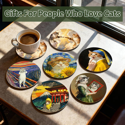TBWHL Funny Coasters Set of 6, Fun Cat Drink Coasters, Absorbent Drink Anime Cat Coasters, Non Slip Cute Coasters for Desk, Coffee Table, Dining Room Decor