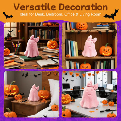 Cute Pink Ghost Ceramic Statues with Flocked Surface, Small 3.93 Inch Ghost Figurine Home Decor Modern Style Figurine Decorative Ornaments for Living Room, Bedroom, Office Desktop, Cabinets - Pink Bow