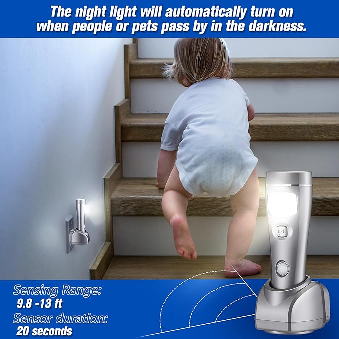 Enhon 4 Pack 4 in 1 LED Emergency Lights for Home Power Failure, Rechargeable Plug in Flashlight Motion Sensor Night Light, Automatic Turn On Power Outage Light for Home Hurricane Supplies (Silver)