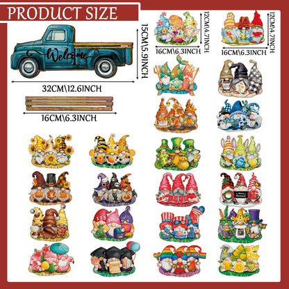 Chitidr Spring Summer Interchangeable Gnome Welcome Sign, 1 Seasonal Wooden Truck Door Hanger with 22 Spring Summer Holiday Gnome Decorations (Blue)