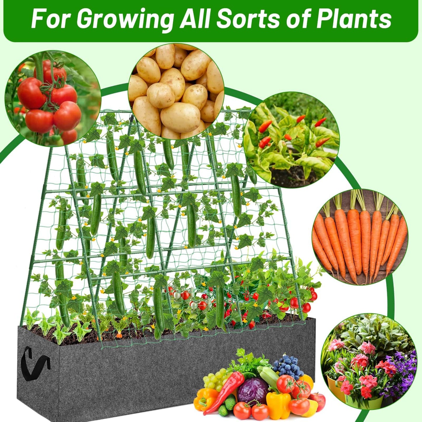 Cucumber Trellis with 46 Gallon Grows Bag, 50 x 54 Inches A Frame Outdoor Greenhouse Trellis and Fabric Raised Bed, Climbing Net and Plant Support Clips for Bean Climbing Plants