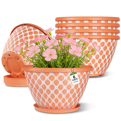 Nooulap 6 Pack 8 Inch Plant Pot, Flower Pots for Indoor Outdoor, Durable Decorative Planters for House Garden Plants Herbs Flowers Succulents, Orange and White Checkered Design