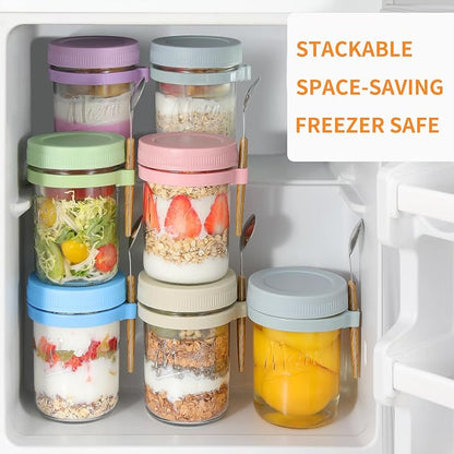Xyptorix 4 Pack Overnight Oats Containers with Lids and Spoons, 16 oz Mason Jars with Removable Separate Compartments, Airtight and Leak-Proof Glass Jars for Chia Pudding, Yogurt, and Oatmeal