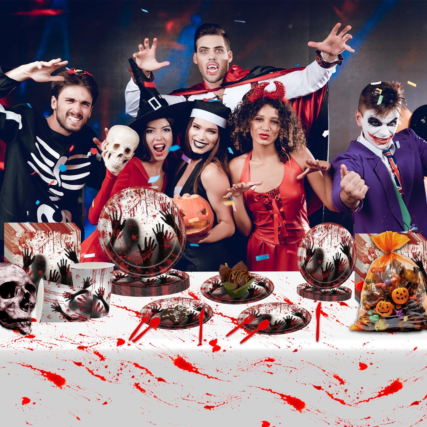 AWLZJZQA 168 Pcs Bloody Halloween Supplies Serve 24 Zombie Horror Halloween Birthday Party Decorations Scream Bloody Good Time Party Plates and Napkins Dinnerware Set Horror Movie Decorations