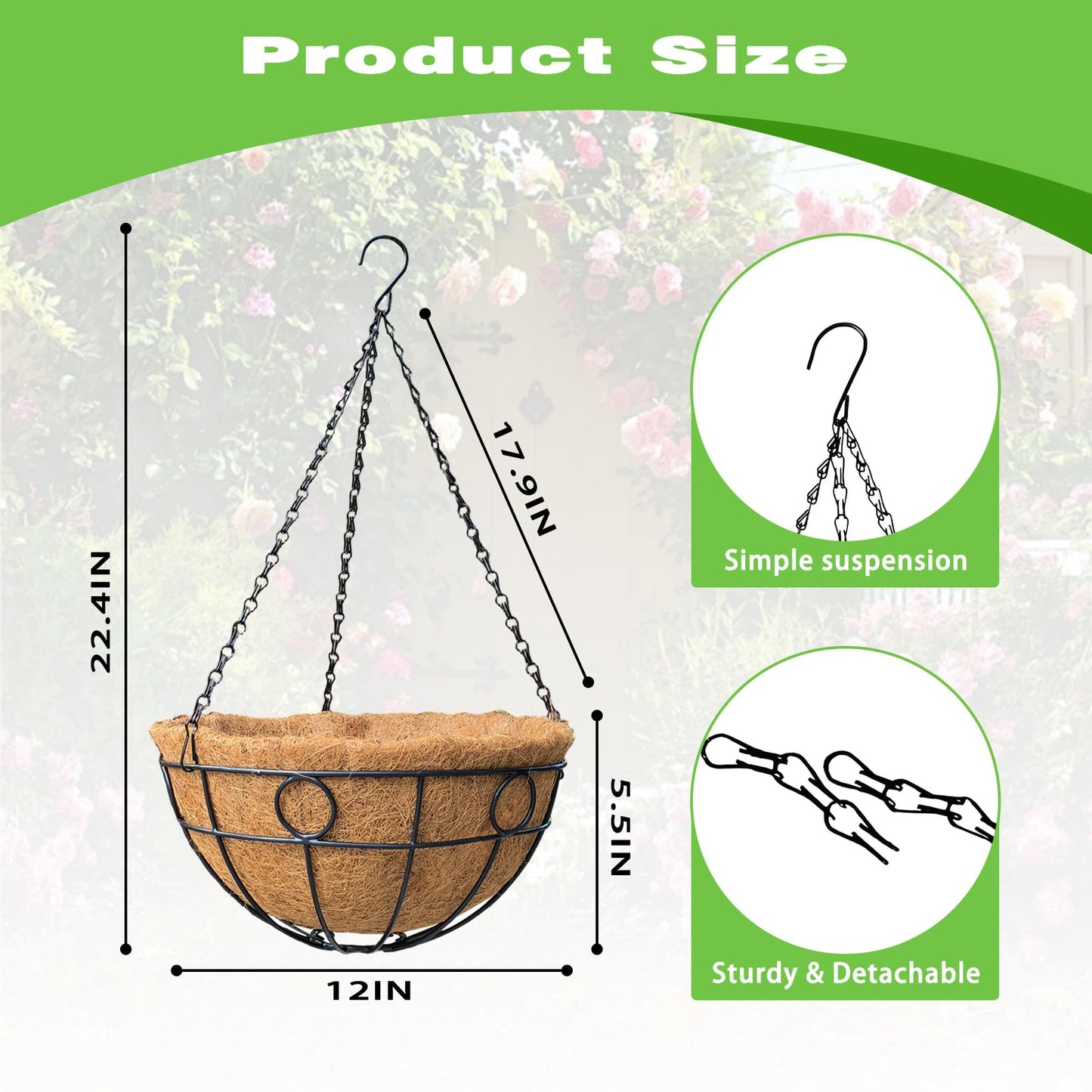 ZVOWOS 2 Pack 12 Inch Black Metal Hanging Basket Hanging Planter with Coco Coir Liner Heavy Duty Hanging Flower Pot Holder for Indoor Outdoor Patio Garden Porch Balcony Decor (Round)