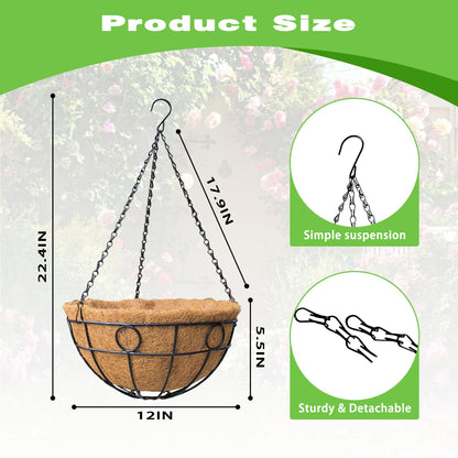 ZVOWOS 2 Pack 12 Inch Black Metal Hanging Basket Hanging Planter with Coco Coir Liner Heavy Duty Hanging Flower Pot Holder for Indoor Outdoor Patio Garden Porch Balcony Decor (Round)