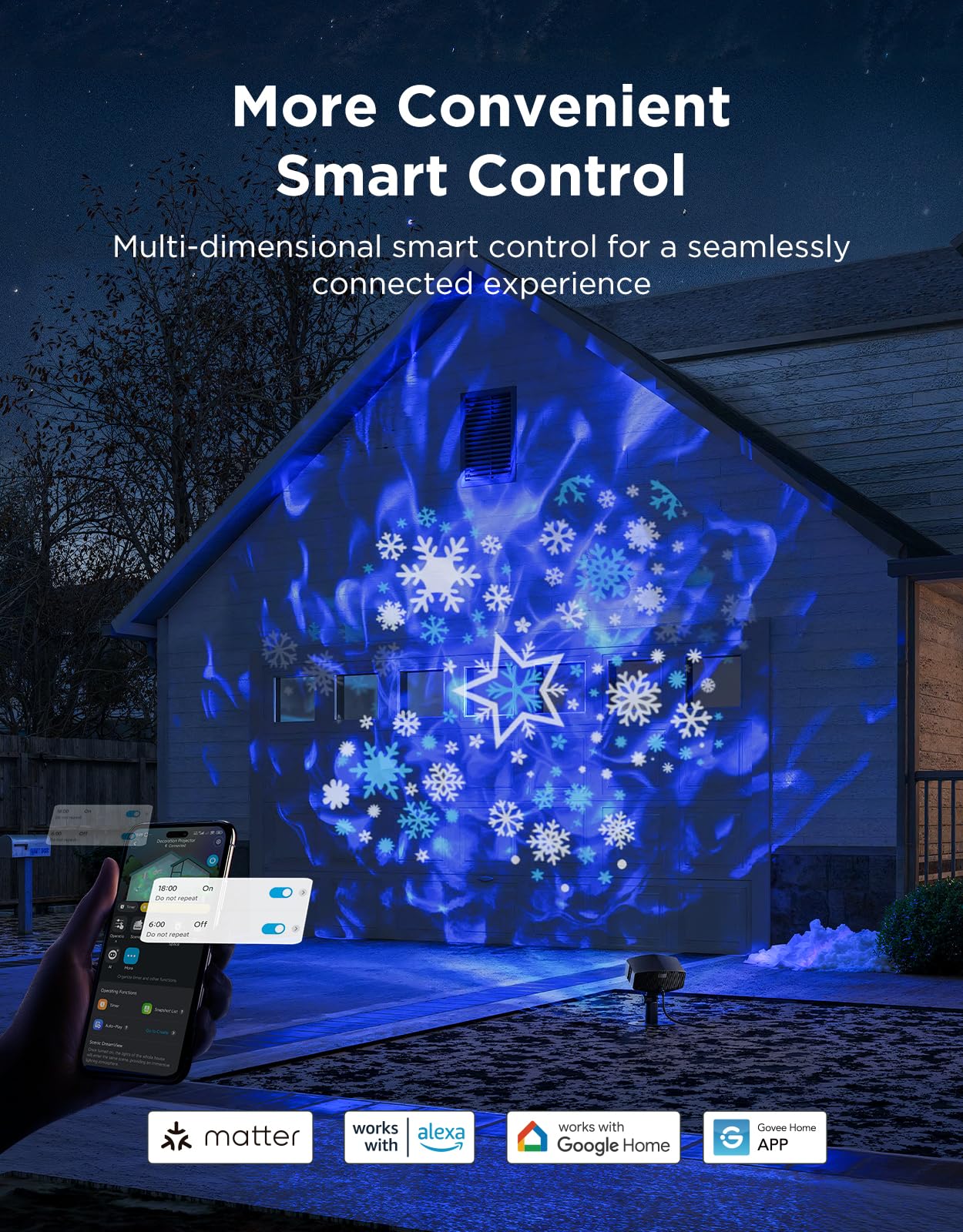Govee Outdoor Decoration Projector Light, Upgraded LED Snowflake Projector, 180° Rotation, 20 HD Effects & 58 Scene Modes with App Control, IP67 Compatible with Alexa, Google Assistant, Matter