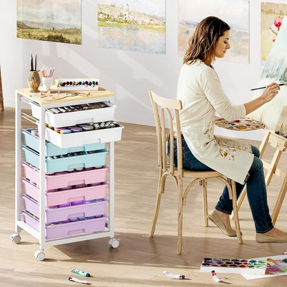 SYKIARIOL Rolling Storage Cart with Drawers,Utility Cart With 8 Drawers and Wooden Tabletop,Rolling Drawer Cart,Storage Drawer Cart for Living Room,Classroom,Bedroom,Bathroom,Dorm,Office, Ice Cream