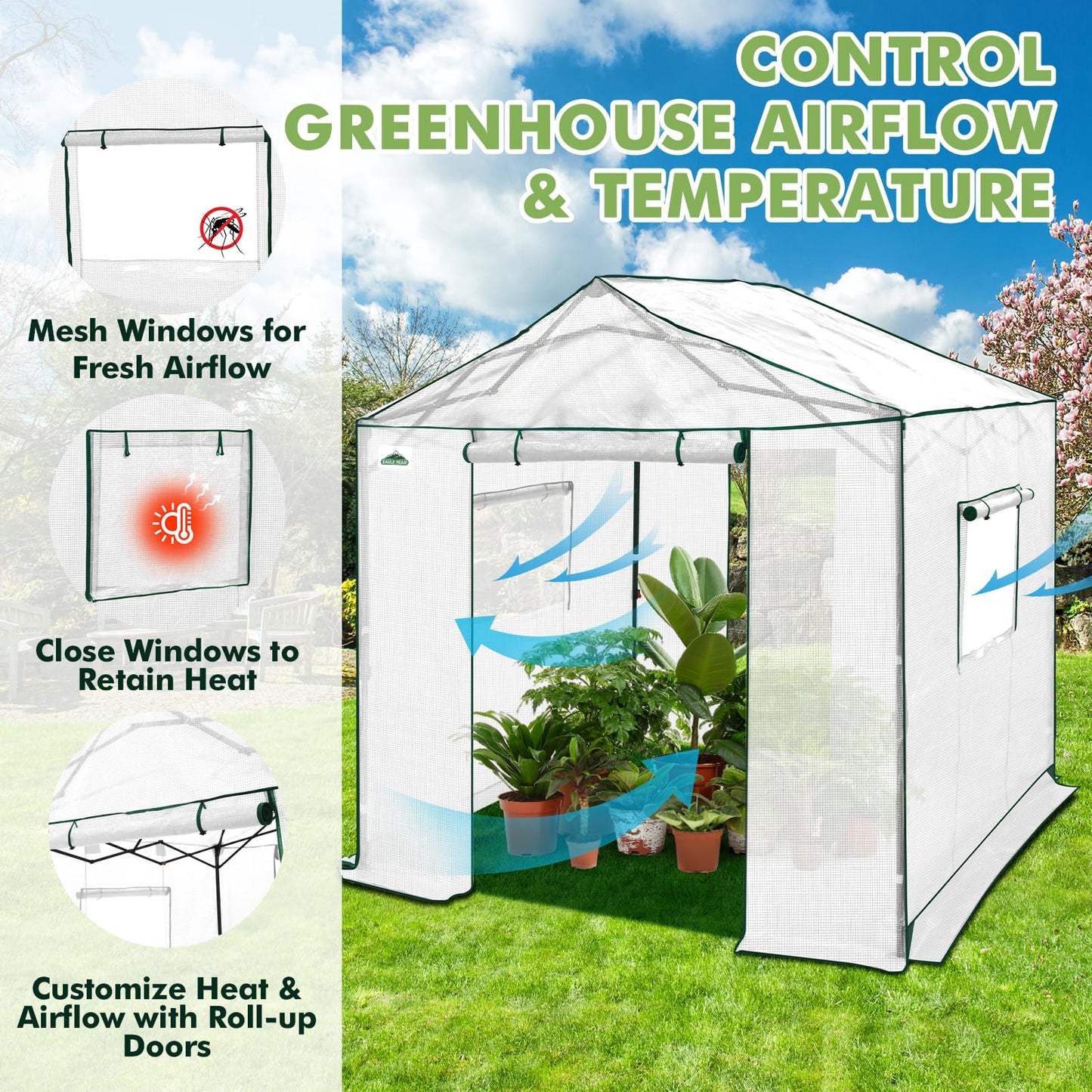 EAGLE PEAK 8x8 Portable Pop Up Greenhouse, Patented Center Lock Easy One Person Setup, Walk-in Outdoor Greenhouse with Gable Roof, Weight Bags, Zippered Doors & Windows, White