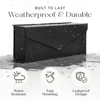 NACH Black Envelope Wall Mount Mailbox, Rust Resistant Metal Mailbox, Black Mailbox Wall Mount, Mailboxes for Outside Wall Mount, Outdoor Mailboxes, Wall Mailbox, 14.1 x 3.5 x 6 Inches, MB-6915BLK