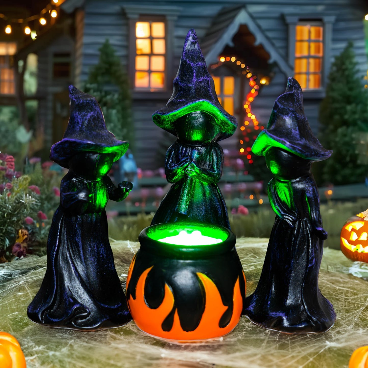 NEROSUN 4 PCS Halloween Miniature Witches Cauldron Figurine Table Decoration, Resin Scary Witches Lighted up Cauldron, Halloween Festival Supplies Indoor Outdoor Shelf Fireplace Home Decor