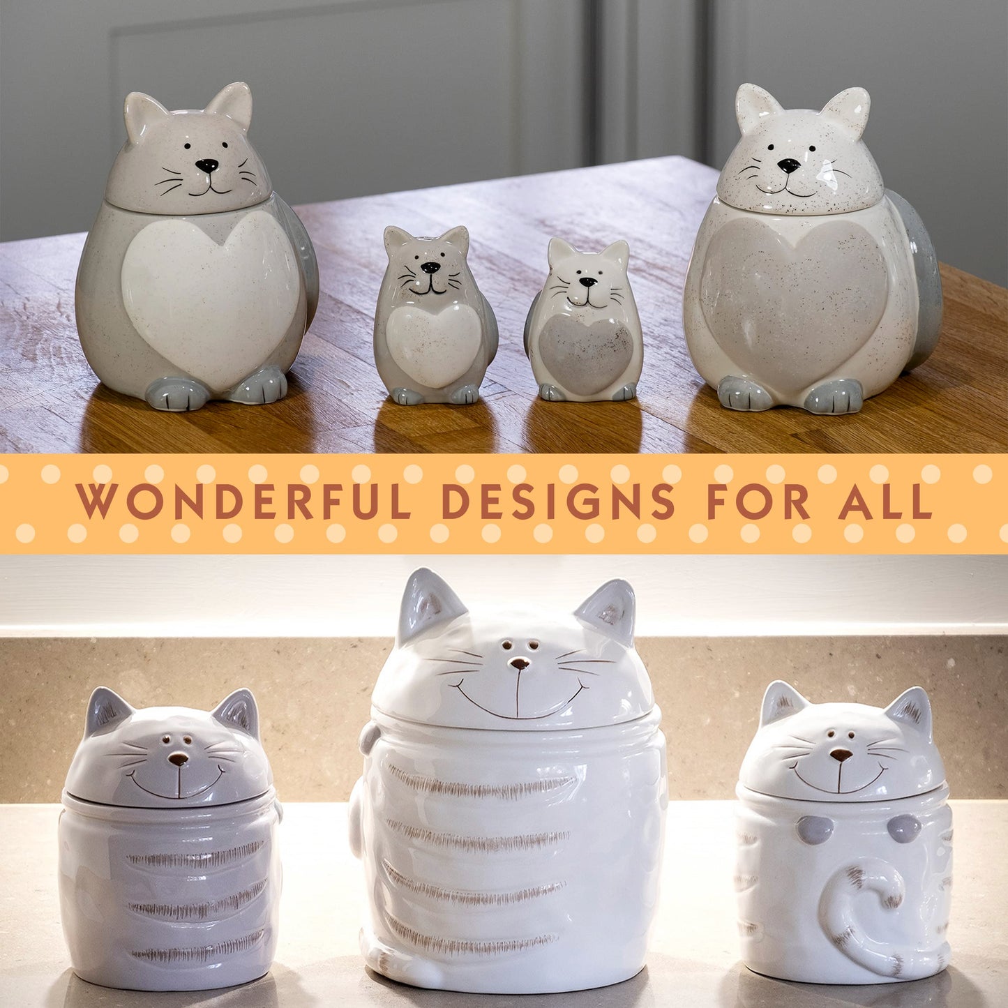SPOTTED DOG GIFT COMPANY Ceramic Jar with Lid for Countertop, Cat Treat Container, Cute Decorative Kitchen Storage Jar for Tea Coffee Sugar, Gifts for People Who Love Cats, White 16oz