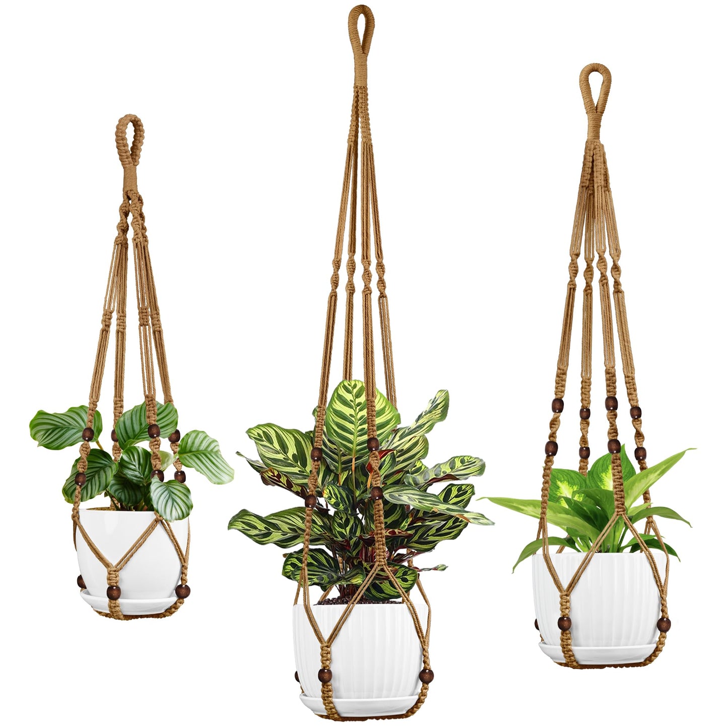 IDEEEPAN Macrame Plant Hanger - Fits 4 to 15 inches Pots for Indoor Outdoor, 43"/35"/29" Different Sizes Set, Brown (POTS NOT Included)